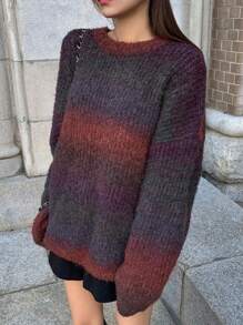 DAZY Gradient Round Neck Loose Fit Sweater With Drop Shoulder - Rusty Rose - View 7