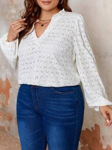 Flirla 大尺碼刺繡細節鏤空領口孔眼蕾絲下擺襯衫 - 白色 - 查看 4