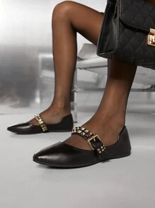 SHUZIA 方頭鉚釘女士平底鞋 - 黑色 - 查看 3