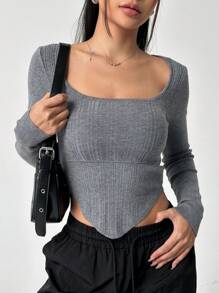 SHEIN EZwear Camisa Base De Manga Larga De Cuello Cuadrado En Color Sólido Para Mujer - Gris Oscuro - Ver 5