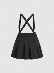 SHEIN EZwear Plus Size Women's Denim Pleated Mini Skirt With Suspenders - Black - View 2