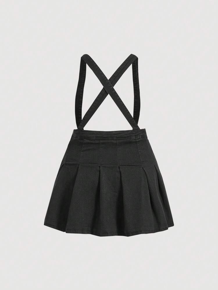 Plus Size Women's Denim Pleated Mini Skirt With Suspenders