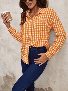 SHEIN LUNE Của phụ nữ Kẻ sọc In Túi vá Nút phía trước Áo sơ mi - Nhiều màu - Xem 6