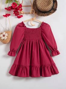 SHEIN 女童荷葉邊下擺背心裙 - 酒紅色 - 查看 1