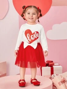 SHEIN 2入組寶寶女孩休閒可愛心形字母印花裝備 - 紅白色 - 查看 5