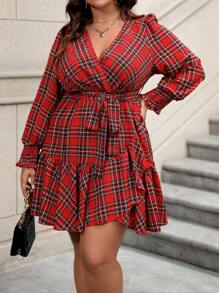 Calvaya Women's Plus Size Plaid Ruffle Hem Belted Dress For New Year Clothes