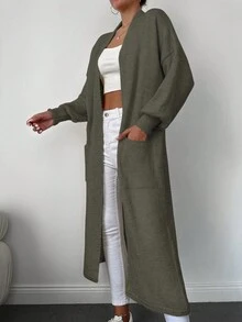 EURMUSE Cárdigan de plumero con doble bolsillo de hombros caídos largo - Verde militar - Ver 3
