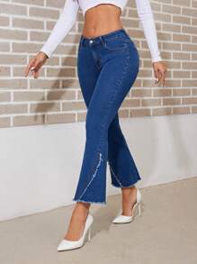 SHEIN Privé 帶剪邊裝飾的喇叭褲 - 深色水洗藍 - 查看 3