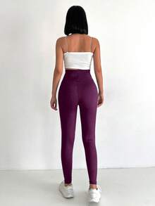 SHEIN Cottnline Solid Wideband Waist Leggings - Burgundy - View 2