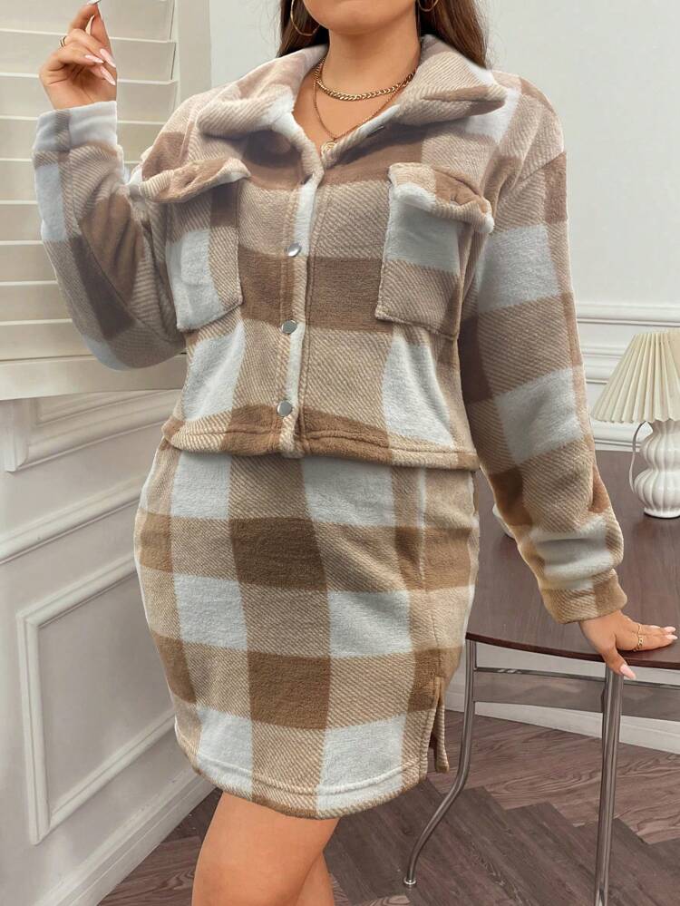 Plus Size Plaid Jacket And Skirt Two Piece Set