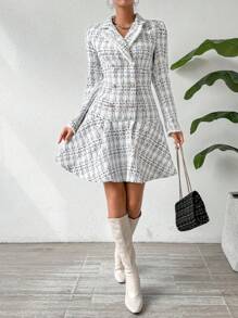 Chiquease Của phụ nữ Kẻ sọc Tay áo dài Đôi ngực Đầm - Đen và trắng - Xem 4