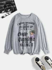 Flirla Plus Slogan & Cartoon Graphic Sweatshirt Pullover Fall Sweatshirt - Light Grey - View 1