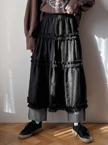 FRIFUL Women's Tiered Ruffle Asymmetric Hem Skirt - Black - View 1