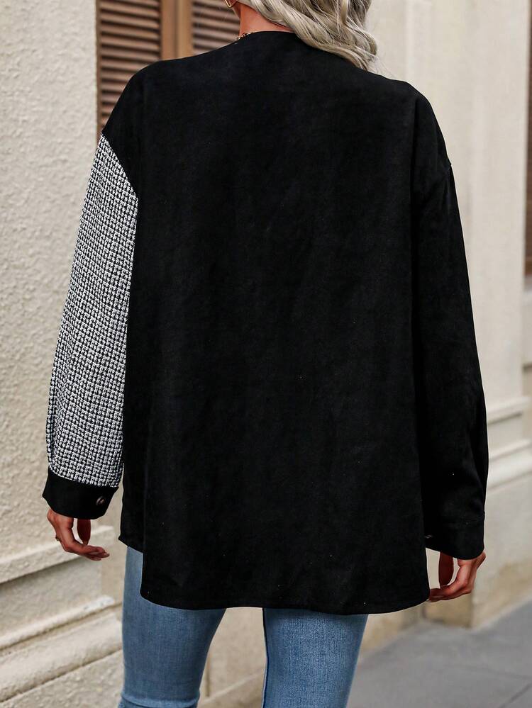 Women's Color Block Lapel Button Up Jacket With Patch Pockets