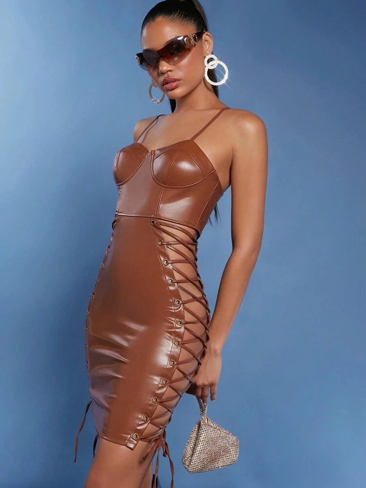 Lace Up Cut Out Side PU Leather Dress