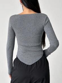 SHEIN EZwear Camisa Base De Manga Larga De Cuello Cuadrado En Color Sólido Para Mujer - Gris Oscuro - Ver 2