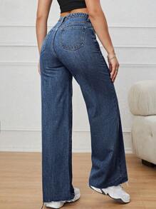 SHEIN ICON Pantalones Largos De Mezclilla De Cintura Alta Cruzada Para Mujer