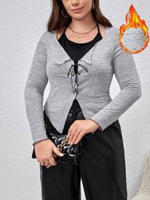 SHEIN Essnce 女款大尺碼拼色交叉肩帶 2 合 1 T 卹 - 灰色 - 查看 2