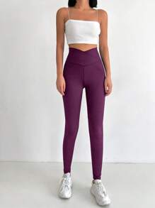 SHEIN Cottnline Solid Wideband Waist Leggings - Burgundy - View 5