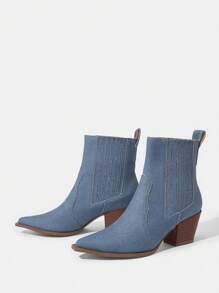 Styleloop 時尚女士尖頭粗跟短靴 - 藍色 - 查看 4
