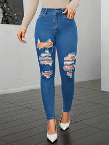 SHEIN Essnce Của phụ nữ Gầy Quần jean rách Với Nghiêng Túi - Rửa nhẹ - Xem 4