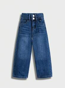 Little Girls' High Waisted Flared Jeans With Silver Button And Medium Wash Blue - Medium Wash - View 1