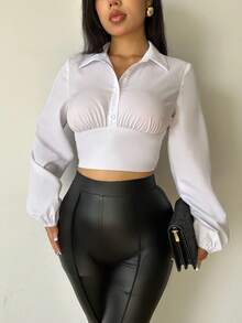 SHEIN Essnce 純色襯衫lantern袖設計 - 白色 - 查看 5