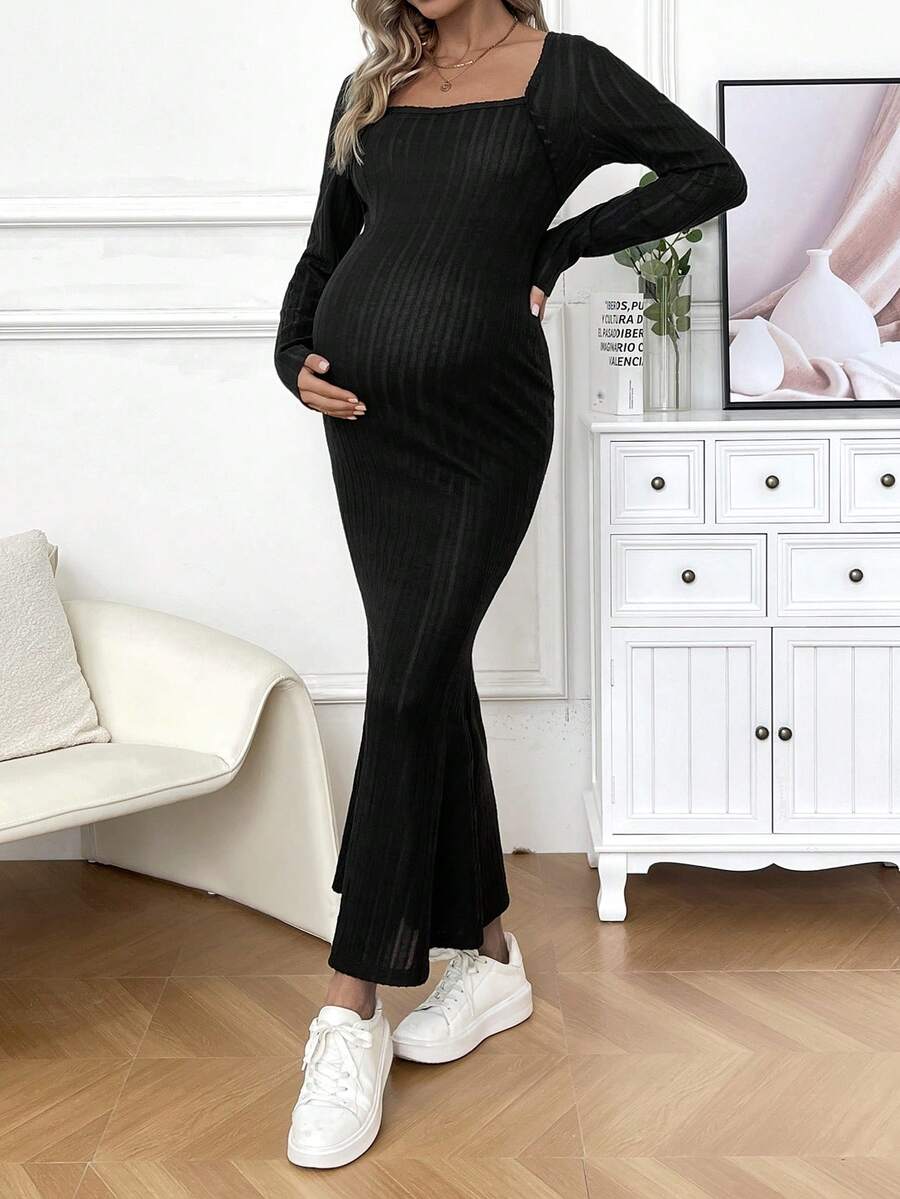SHEIN 孕婦方領魚尾下擺長袖連身裙 - 黑色 - 查看 1
