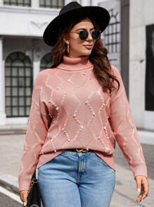 Celure Plus Size Studded High Neck Pullover Sweater - Coral Pink - View 7