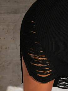 SHEIN SXY 女士破損打樣長袖連衣裙 - 黑色 - 查看 5