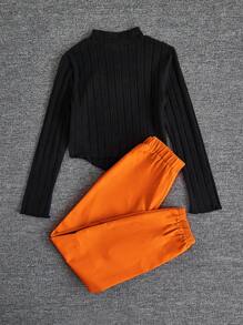 SHEIN Tween Girl Cool & Personalized Knitted Stand Collar Long Sleeve Tracksuit With Trousers - Orange - View 6