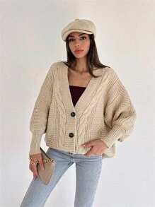 EURMUSE Cable Knit Drop Shoulder Cardigan - Apricot - View 4
