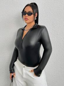 SHEIN ICON 女士加大碼拉鍊式半排釦修身連身衣 - 黑色 - 查看 6