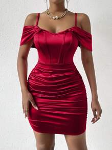 Allurite 女士纯色露肩领口鱼骨压褶紧身连衣裙新年节日派对服装缎面女士服装 - 紅色 - 查看 4