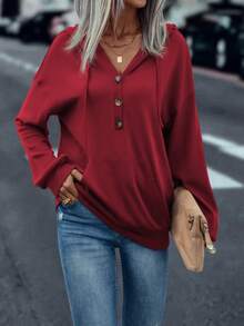 SHEIN LUNE Sudadera Roja Con Capucha Y Cordón De Ajuste Regular Para Mujer - Burdeos - Ver 5