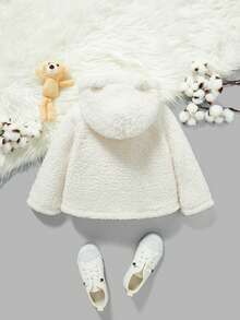 SHEIN 幼兒女孩秋冬季可愛舒適毛絨帽風衣 - 米色 - 查看 2