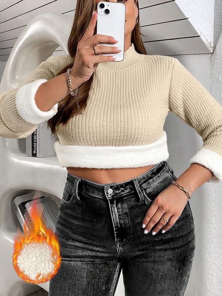 Plus Size Women's Stand Collar Fleece Pullover Sweater Knit Pullover Fall Winter Sweater