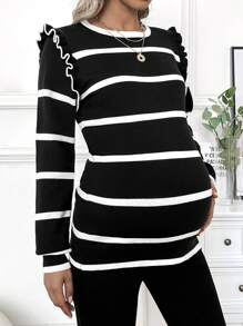 SHEIN Maternity Striped Round Neck Long Sleeve Patchwork Ruffle Hem Sweater, Autumn/Winter - Black - View 4