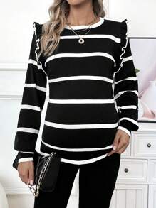 SHEIN Maternity Striped Round Neck Long Sleeve Patchwork Ruffle Hem Sweater, Autumn/Winter - Black - View 6