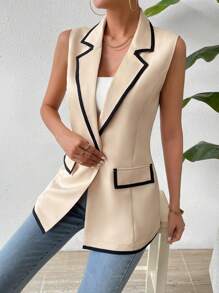 SHEIN Privé Của phụ nữ Tương phản Màu sắc Vòng cổ Mở Mặt trước Áo khoác Vest Áo khoác - Màu be - Xem 4