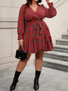 Calvaya Women's Plus Size Plaid Ruffle Hem Belted Dress For New Year Clothes