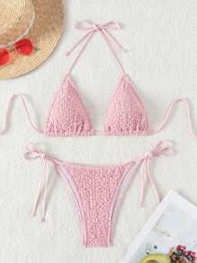 SHEIN Swim Halter Triangle Cup Separated Bikini Set Summer Beach - Pink - View 1