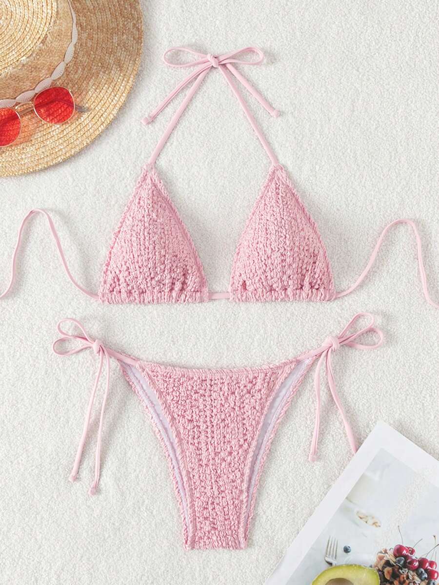SHEIN Swim Halter Triangle Cup Separated Bikini Set Summer Beach - Pink - View 1