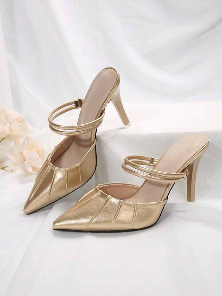Décolleté con tacco alto stile francese per donna, nuovi sandali eleganti con punta a punta e cinturino con paillettes color oro adatti per l'estate, design sexy adatto per casual, appuntamenti, pendolarismo, feste aziendali, eventi, eleganti, mules - Dorato - Visualizzare 3