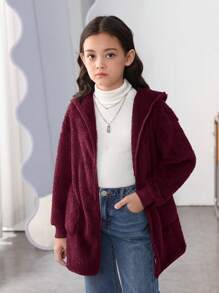 SHEIN Tween 女孩針織純色連帽寬鬆休閒外套大翻領雙貼袋 - 酒紅色 - 查看 4