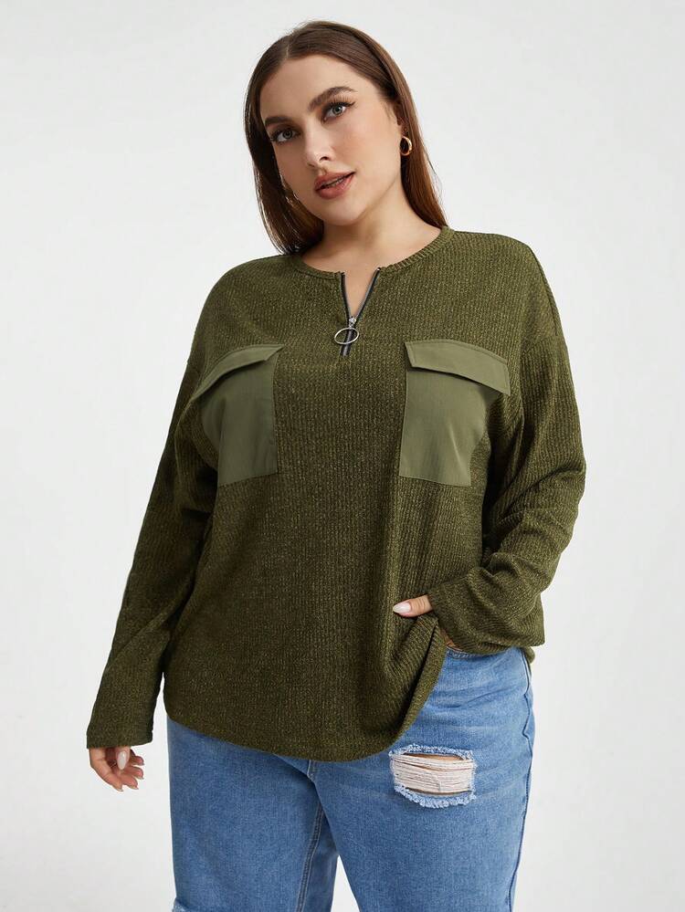 Plus Size Flip Pocket Zipper Half Placket Drop Shoulder Sleeve T-shirt