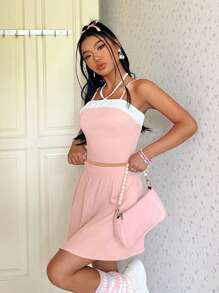 SHEIN EZwear Women's Color Block Spaghetti Strap Tank Top And Skirt Co-Ord Set - Pink - View 3