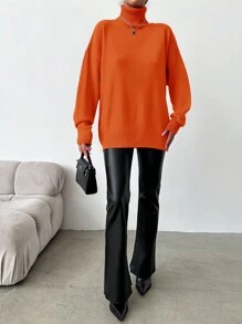 EURMUSE Women's Solid Color High Neck Drop Shoulder Sweater - Burnt Orange - View 4
