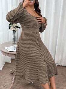 SHEIN Franclia 女款大尺碼羅紋雞心領燈籠袖連身裙 - 咖啡棕 - 查看 3