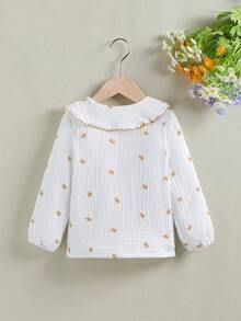 SHEIN 年轻女孩春秋花卉印花彼得潘领扣式衬衫 - 白色 - 查看 2